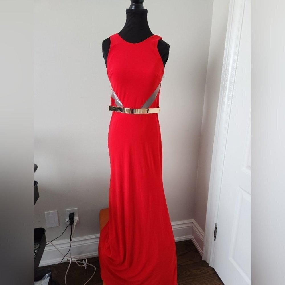 XSCAPE | gown dress maxi red golden metal belt sz 4